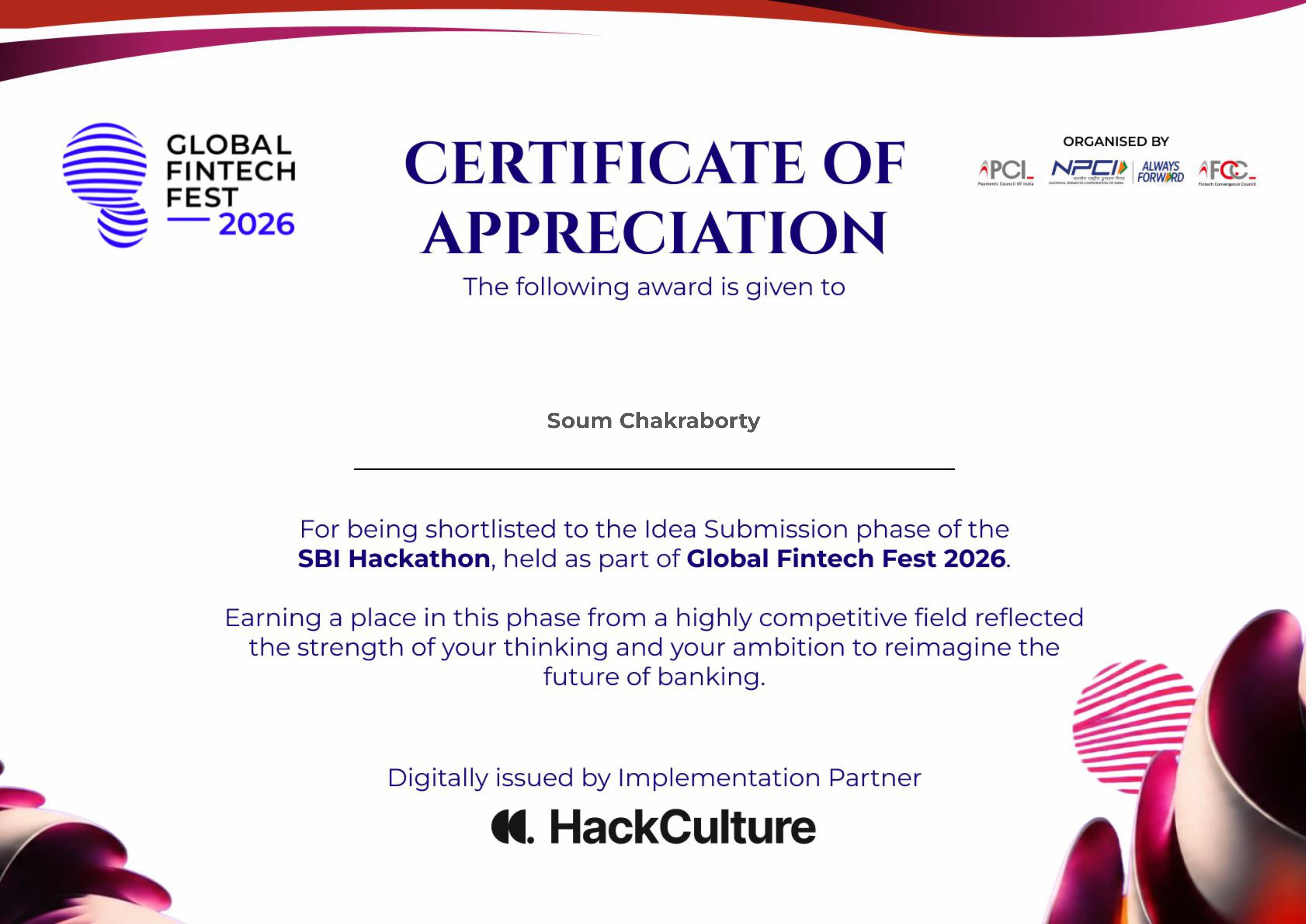 Soum Chakraborty — SBI Hackathon @ GFF 2026 — Idea Submission Shortlist